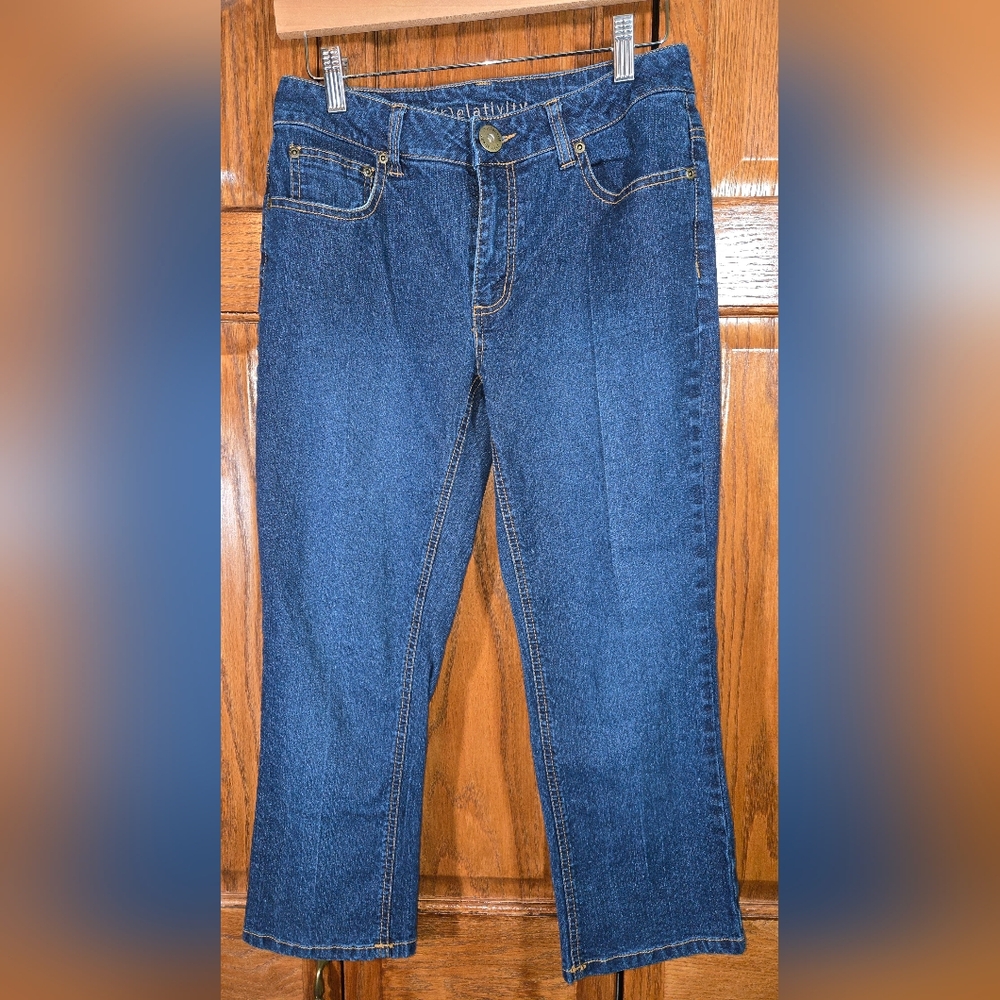 Relativity Straight Leg Dark Wash Zip Button Cropped Designed Pocket Jeans Sz 6